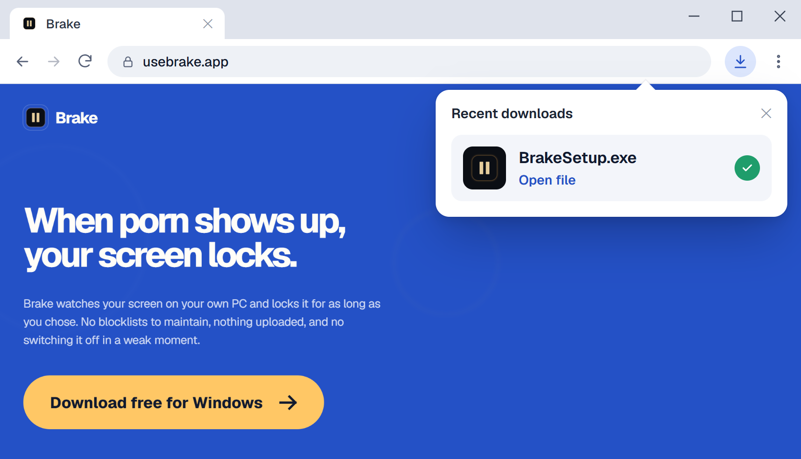 The Brake website in a browser, with the downloads panel showing BrakeSetup.exe finished and ready to open