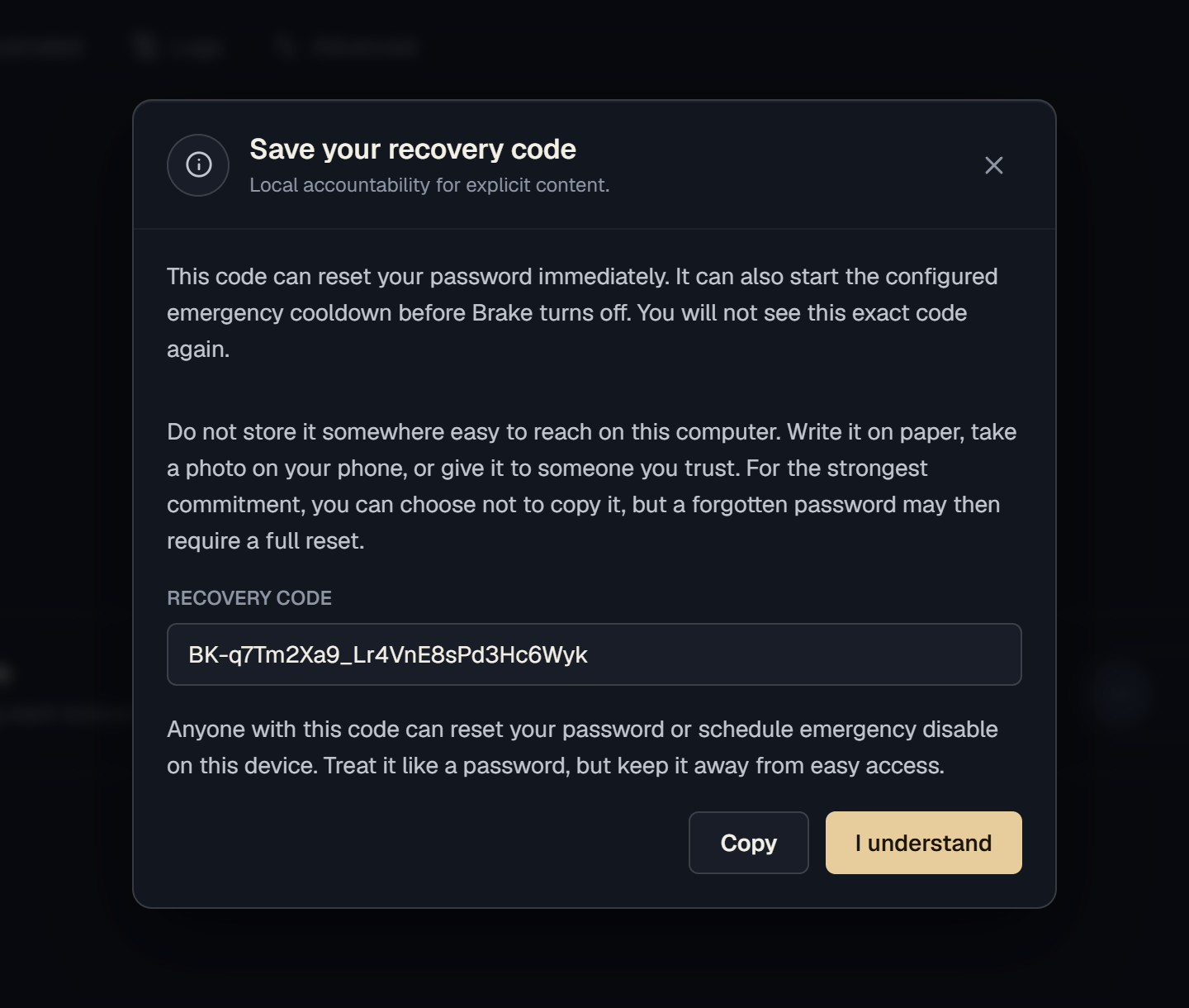 Brake first launch prompt asking you to save your recovery code, with Copy and I understand buttons