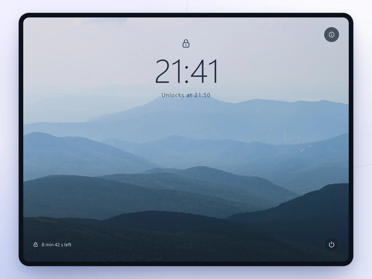 The Brake lockout screen over a calm mountain photo, showing the time, the unlock time, and the minutes left